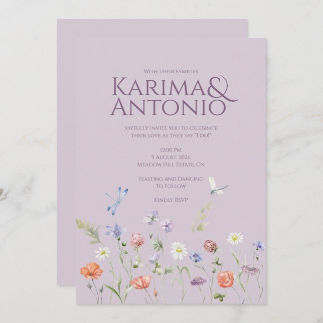 Lilac Lavender Whimsy Wildblume Einladung (Vorne/Hinten)