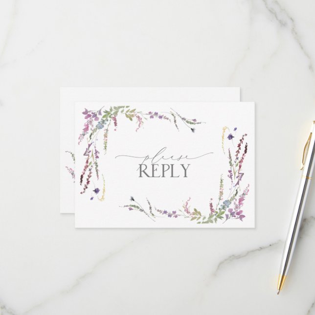 Lilac Lavender Wildblumen Watercolor Wedding RSVP Karte (Vorderseite/Rückseite Beispiel)