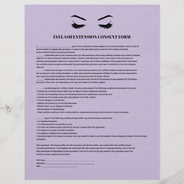 LILAC Leder EYELASH EXTENSION CONSENT FORMULAR Flyer (Vorne)