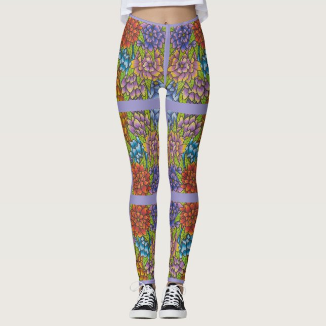 Lilac Leggings mit farbigen Blume und Streifen (Vorderseite)
