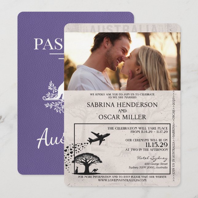 Lilac Lila Australia Passport Wedding Einladung (Vorne/Hinten)