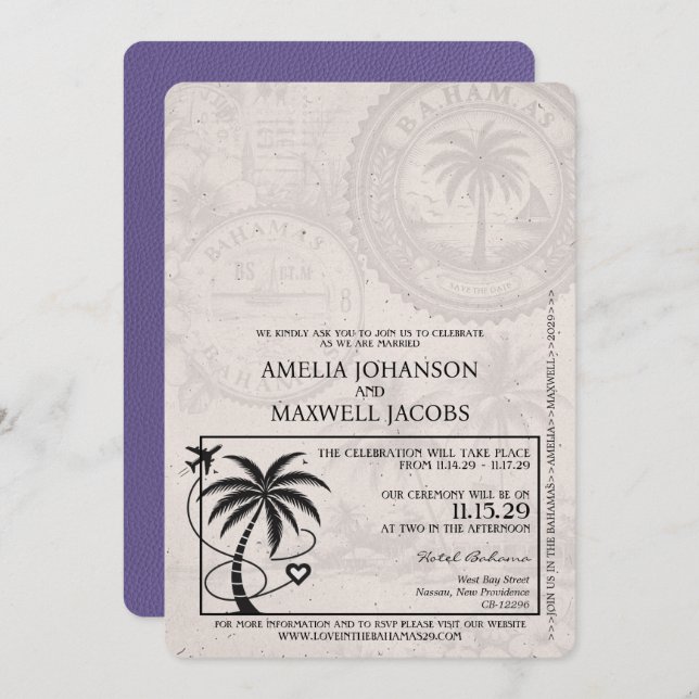 Lilac Lila Bahamas Passport Wedding Einladung (Vorne/Hinten)