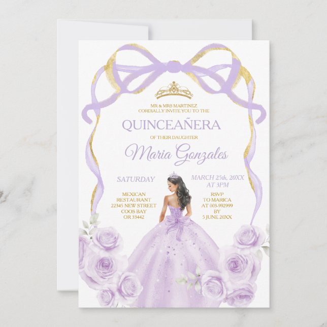 Lilac Lila Bow Princess Gold Crown Quinceañera Einladung (Vorderseite)
