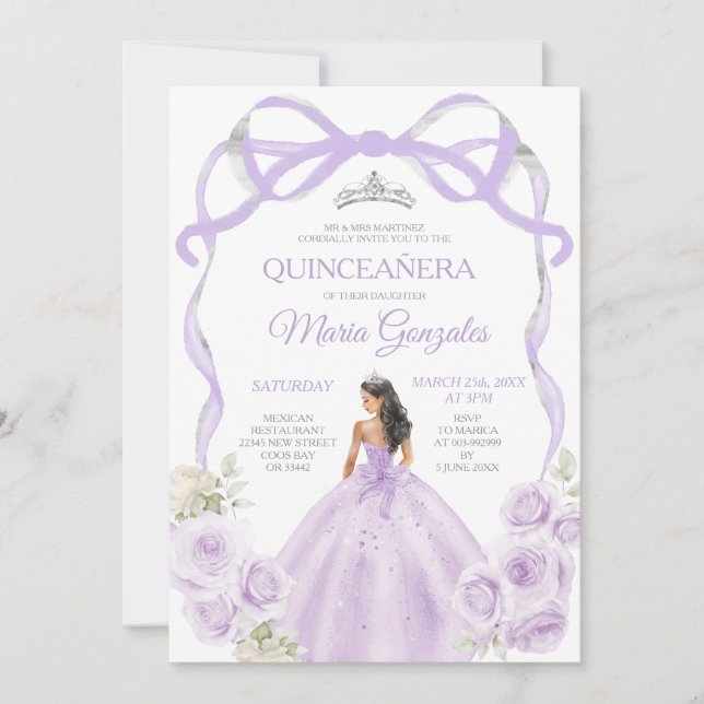 Lilac Lila Bow Princess Silver Crown Quinceañera Einladung (Vorderseite)