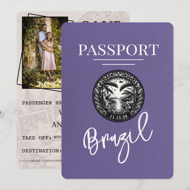 Lilac Lila Brasilien Passport Save the Date (Vorne/Hinten)