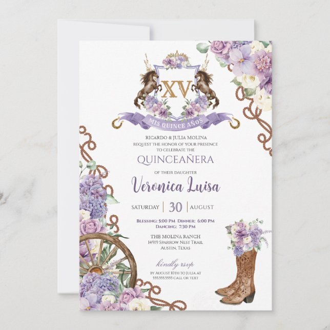 Lilac Lila Classy Western Charro Quinceanera Einladung (Vorderseite)