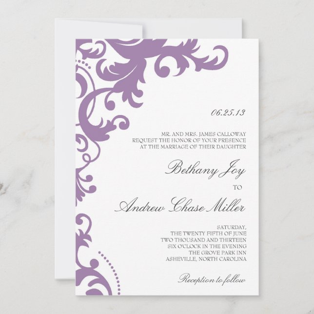 Lilac Lila Elegant Damask Einladung (Vorderseite)