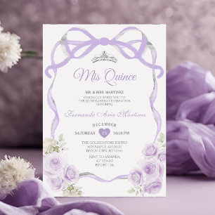 Lilac Lila Floral Bow Ribbon Silver Mis Quince Einladung