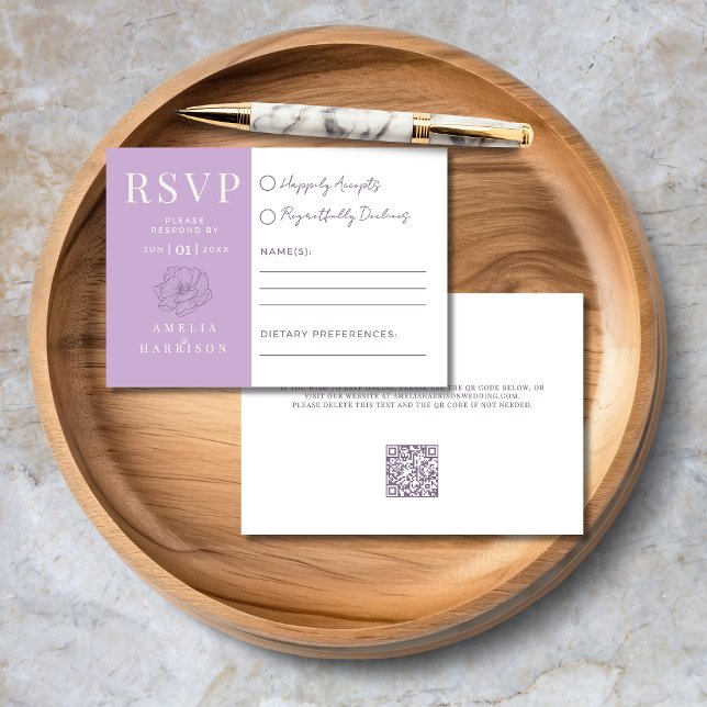 Lilac Lila Floral Elegante Hochzeit RSVP Karte (Lilac Purple Floral Elegant Wedding RSVP Card with Dietary Preferences, QR Code, Wedding Website.)