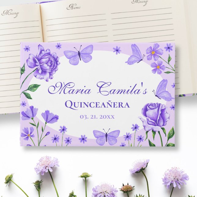 Lilac Lila Floral Quinceañera 15. Geburtstag Gästebuch (Lilac Purple Floral Quinceañera 15th Birthday Guest Book)