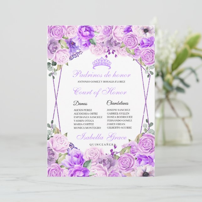 Lilac Lila Floral Quinceanera Ehrengericht Einladung (Stehend Vorderseite)