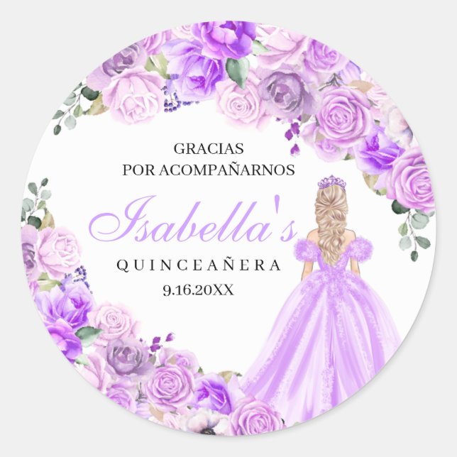 Lilac Lila Floral Quinceanera Round Stickers (Vorderseite)