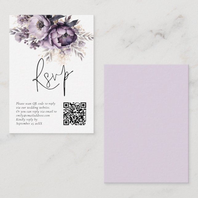 Lilac Lila Florals QR Code Wedding RSVP Card Begleitkarte (Vorne/Hinten)