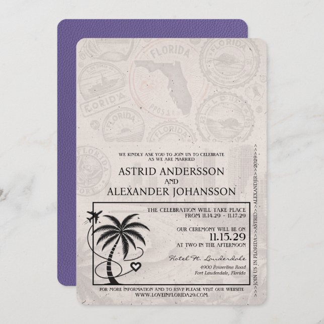 Lilac Lila Florida Passport Hochzeit Einladung (Vorne/Hinten)