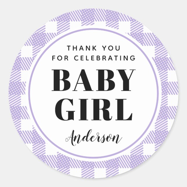 Lilac Lila Gingham Kariert Danke, Baby Girl Runder Aufkleber (Vorderseite)