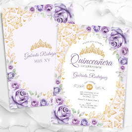 Lilac Lila Gold Floral Quinceanera Einladung