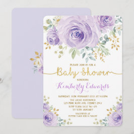 Lilac Lila Gold Floral Rose Girl Baby Dusche Einladung