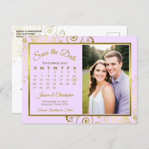 Lilac Lila Gold Wedding Rett Date Calendar Foto Ankündigungspostkarte