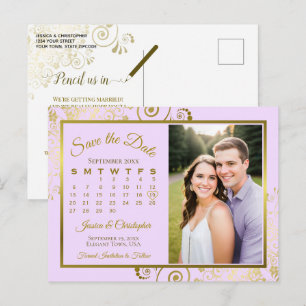 Lilac Lila Gold Wedding Rett Date Calendar Foto Ankündigungspostkarte