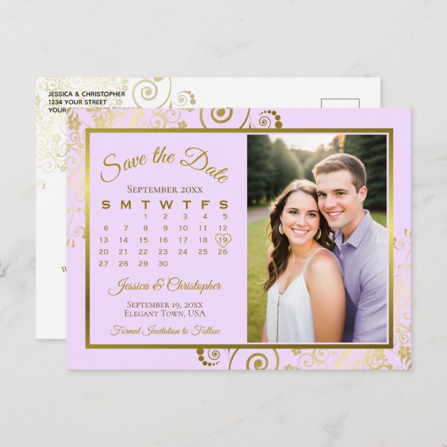 Lilac Lila Gold Wedding Rett Date Calendar Foto Ankündigungspostkarte (Vorne/Hinten)