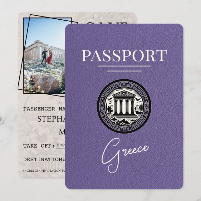 Lilac Lila Greece Passport Save the Date Card (Vorne/Hinten)