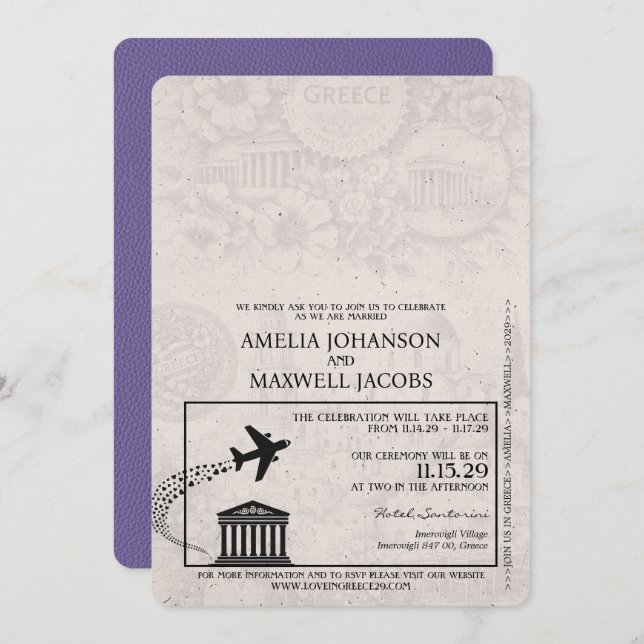 Lilac Lila Greece Passport Wedding Einladung (Vorne/Hinten)