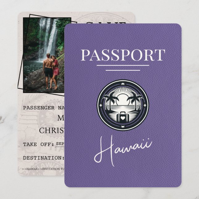 Lilac Lila Hawaii Passport Save the Date (Vorne/Hinten)
