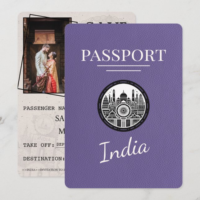 Lilac Lila India Passport Save the Date (Vorne/Hinten)