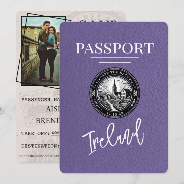 Lilac Lila Ireland Passport Save the Date (Vorne/Hinten)