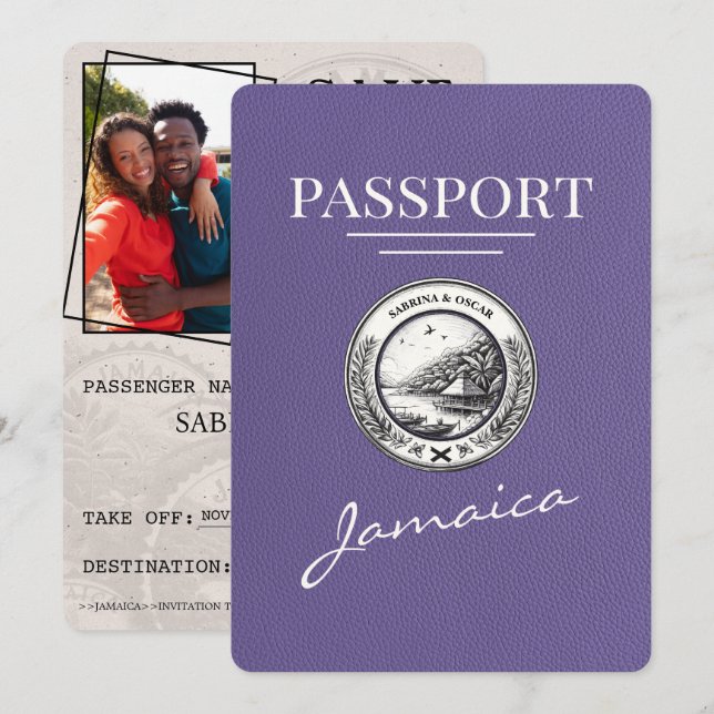 Lilac Lila Jamaica Passport Save the Date (Vorne/Hinten)
