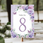 Lilac Lila Lavender Floral Birthday Quinceanera Tischnummer<br><div class="desc">Diese elegante Tischnummer-Karte, die auf die Koordination mit unserer Lila Blumenkollektion Majestic Lilac Lavender ausgerichtet ist, besticht durch einen wunderschönen Aquarelllavender, einen Lillac und lila Blumenarten. Personalisieren Sie jede Karte mit einer Tischnummer und Ihren Daten, drücken Sie einfach die Schaltfläche Anpassen, um Stil und Position des Textes weiter zu ordnen...</div>