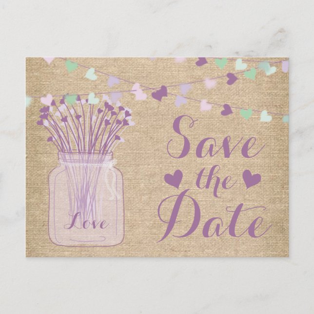 Lilac Lila Mason Jar Burlap Lace Save the Date Ankündigungspostkarte (Vorderseite)