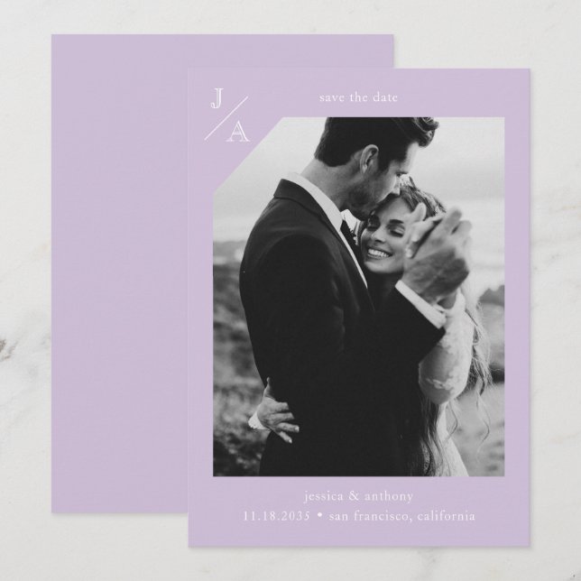 Lilac Lila Minimalistisch Modernes Monogramm Foto Save The Date (Vorne/Hinten)
