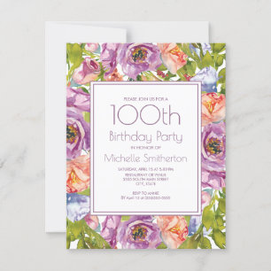 Lilac Lila Orange Blue Floral 100. Geburtstag Einladung
