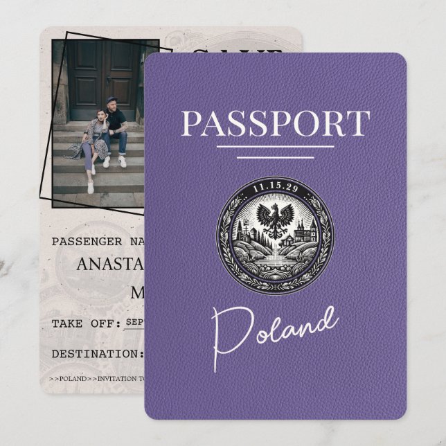 Lilac Lila Poland Passport Save the Date (Vorne/Hinten)