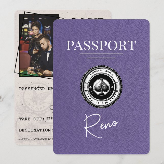 Lilac Lila Reno Passport Save the Date (Vorne/Hinten)