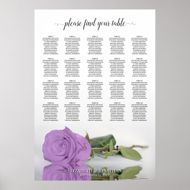 Lilac Lila Rose 20 Tabelle Hochzeitstabelle Poster (Vorne)