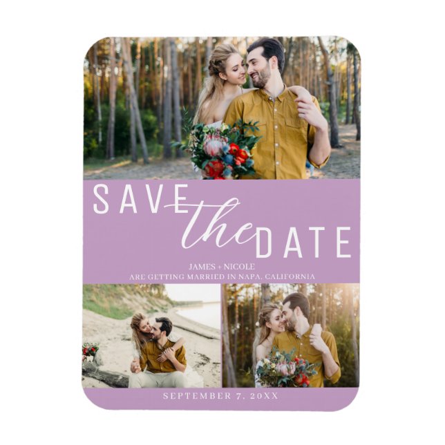 Lilac Lila Save the Date Hochzeit 3 Fotos Magnet (Vertikal)