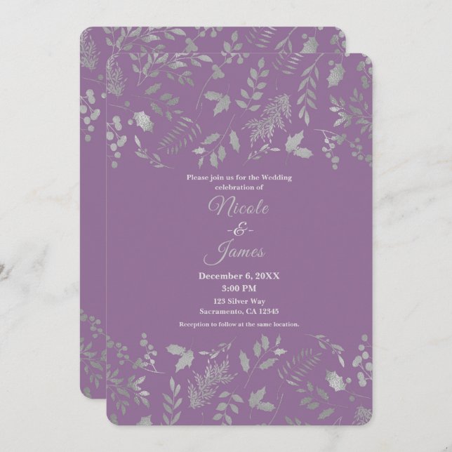 Lilac Lila Silver Blätter Botanische Hochzeit Einladung (Vorne/Hinten)