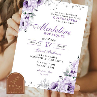 Lilac Lila Silver Floral Quinceanera Einladung