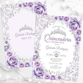 Lilac Lila Silver Floral Quinceanera Einladung