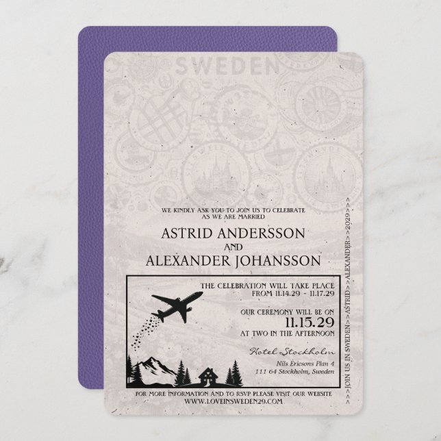Lilac Lila Sweden Passport Wedding Einladung (Vorne/Hinten)