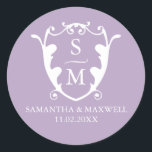 Lilac Lila Wappen Monogram Wedding Stickers<br><div class="desc">Ein moderner und dennoch eleganter lila lila monogramm Hochzeitsaufkleber. Verwenden Sie die Vorlagenfelder,  um die Initialen,  Namen und Datum von Braut und Bräutigam anzupassen. Passen Sie die Farbe an,  um Ihr Hochzeitsthema Anzug. Ideal für Gastgeschenke Hochzeiten und Umschlag Aufkleber. So minimalistischere Aufkleber wie diesen finden Sie unter www.zazzle.com/dotellabelle</div>