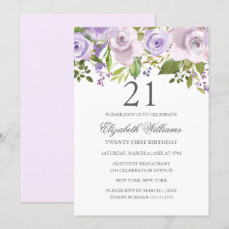 Lilac Lila Watercolor Floral 21. Geburtstag Einladung