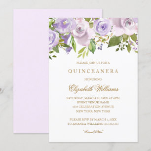 Lilac Lila Watercolor Floral Quinceanera Einladung