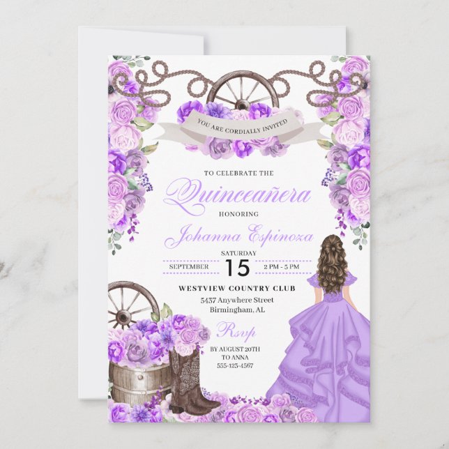 Lilac Lila Western Princess Ranchero Quinceanera Einladung (Vorderseite)