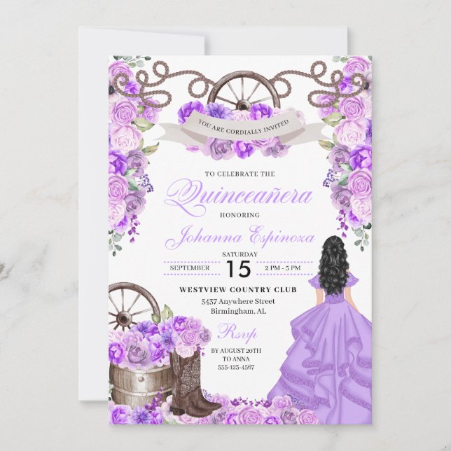 Lilac Lila Western Ranchero Quinceanera Einladung (Vorderseite)
