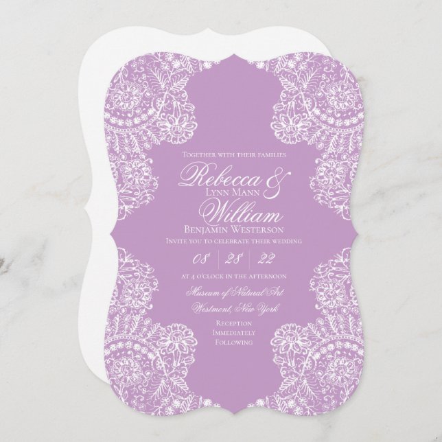 Lilac Lila White Lace Einladung (Vorne/Hinten)