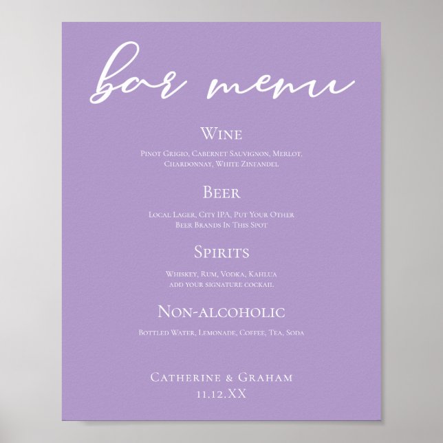 Lilac Lila White Typografy Wedding Bar Menu Poster (Vorne)