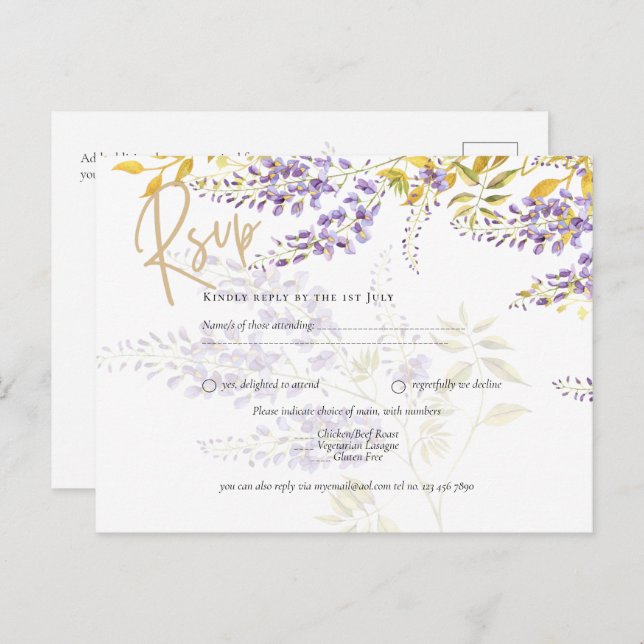 Lilac Lila Wisteria Gold Wedding RSVP Postcard Postkarte (Vorne/Hinten)
